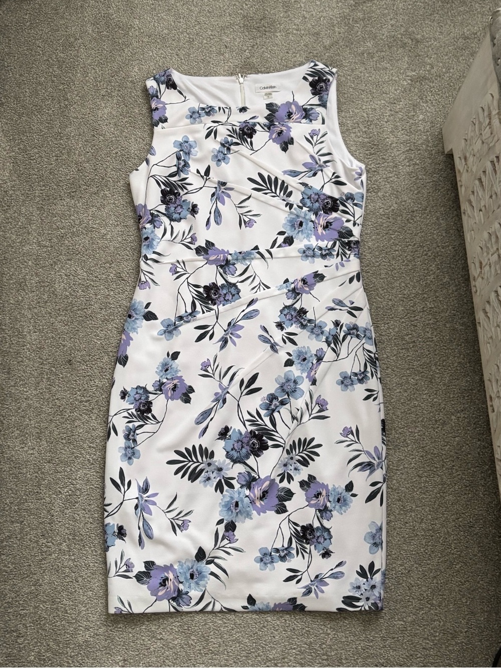Calvin Klein White Dress with Lavender and Blue Floral Print